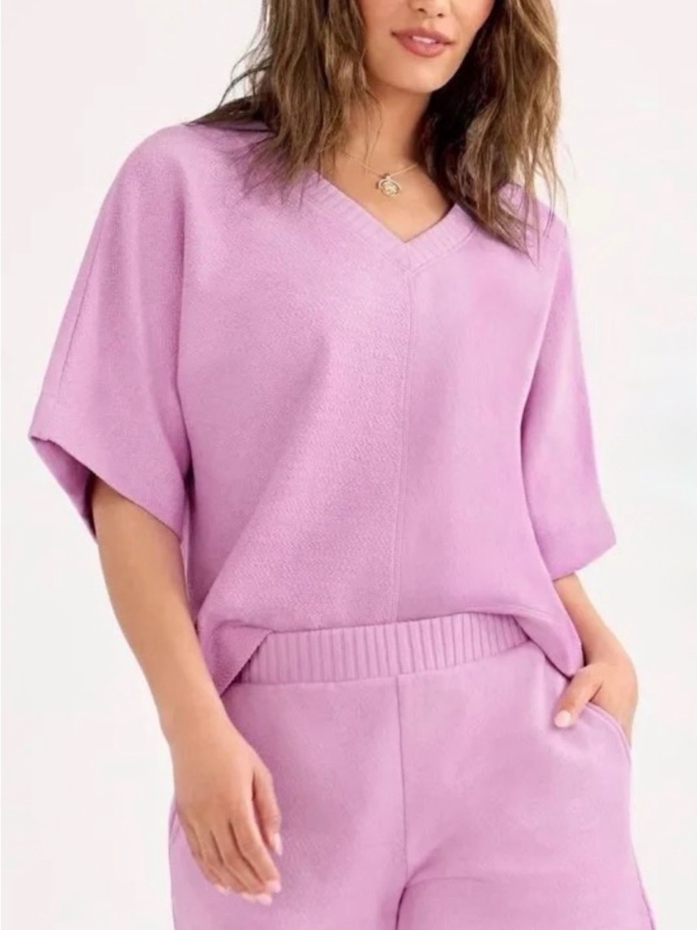 CAbi Breezy Sweater and Skipper Short Set in Orchid